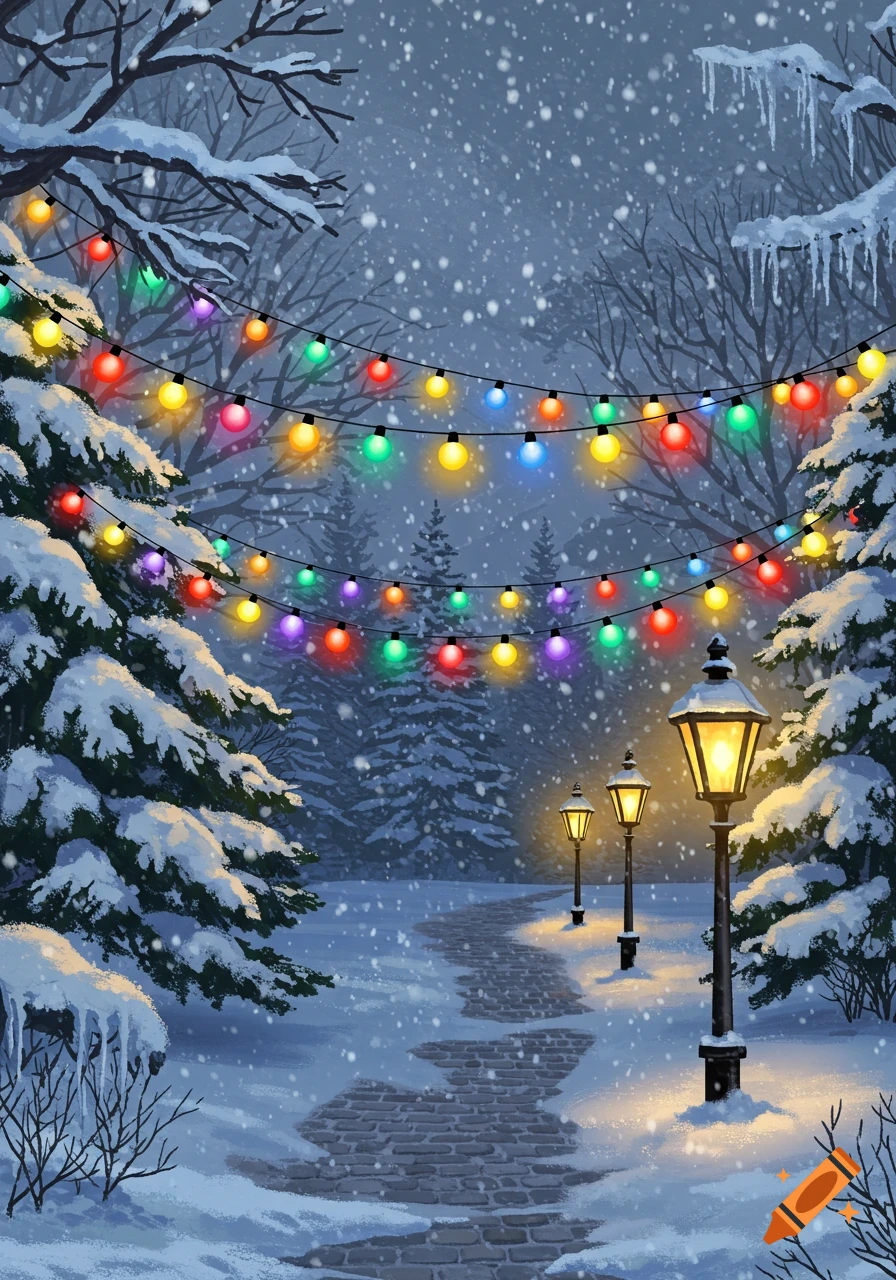 A snowy winter scene with a winding path, glowing street lamps, and colorful Christmas lights strung between snow-covered trees.