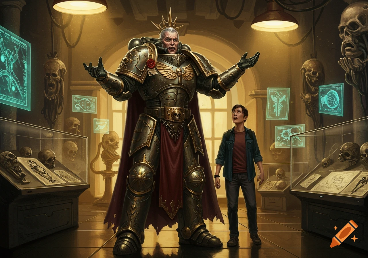 Digital art of a towering armored figure in a museum filled with skulls and holographic screens, gesturing to a curious young human.