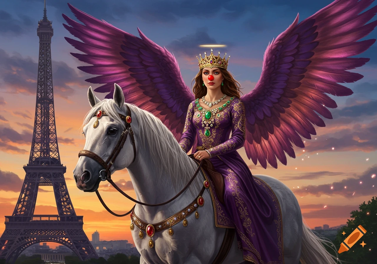 A majestic angel with a red clown nose and golden crown, riding a white horse in front of the Eiffel Tower under a dreamy twilight sky.