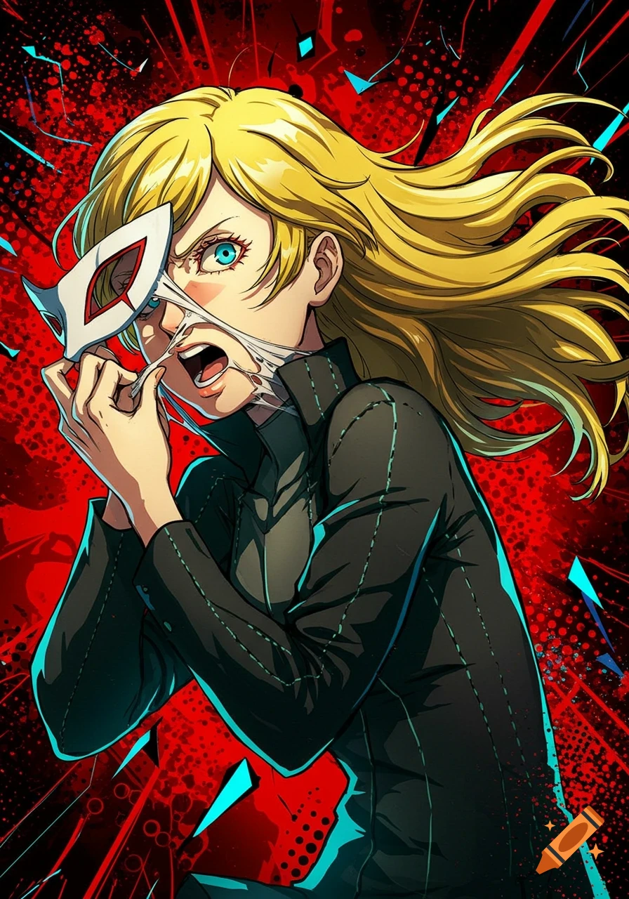 A blonde anime girl with blue eyes dramatically rips a white mask off her face against a dynamic red, black, and blue background, in the style of Persona.