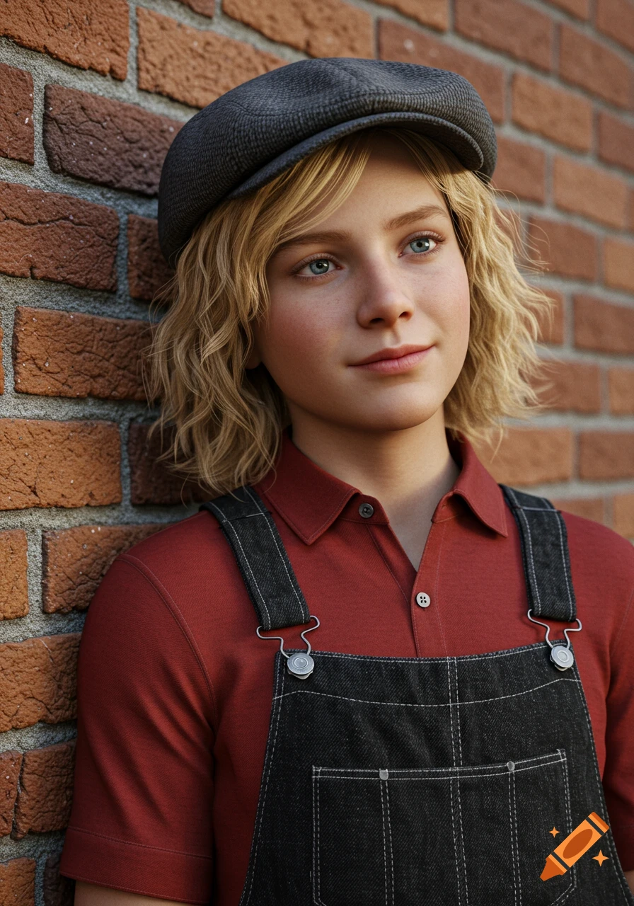 Photorealistic portrait of a young boy with blond hair, blue eyes, in a gray cap, red shirt, and black overalls, leaning on a brick wall.