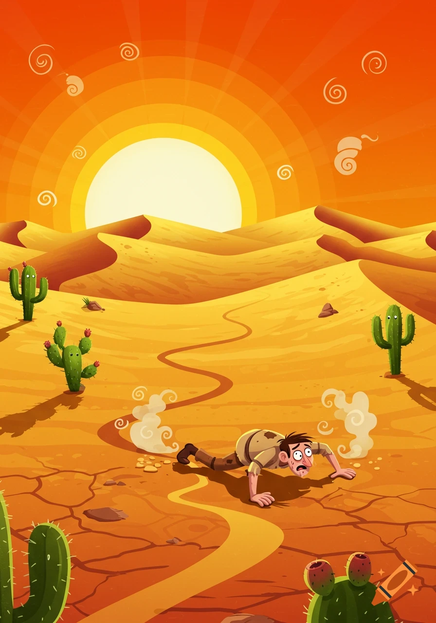 A cartoon man crawls exhausted in a hot desert with sand dunes and cacti under a large sun.