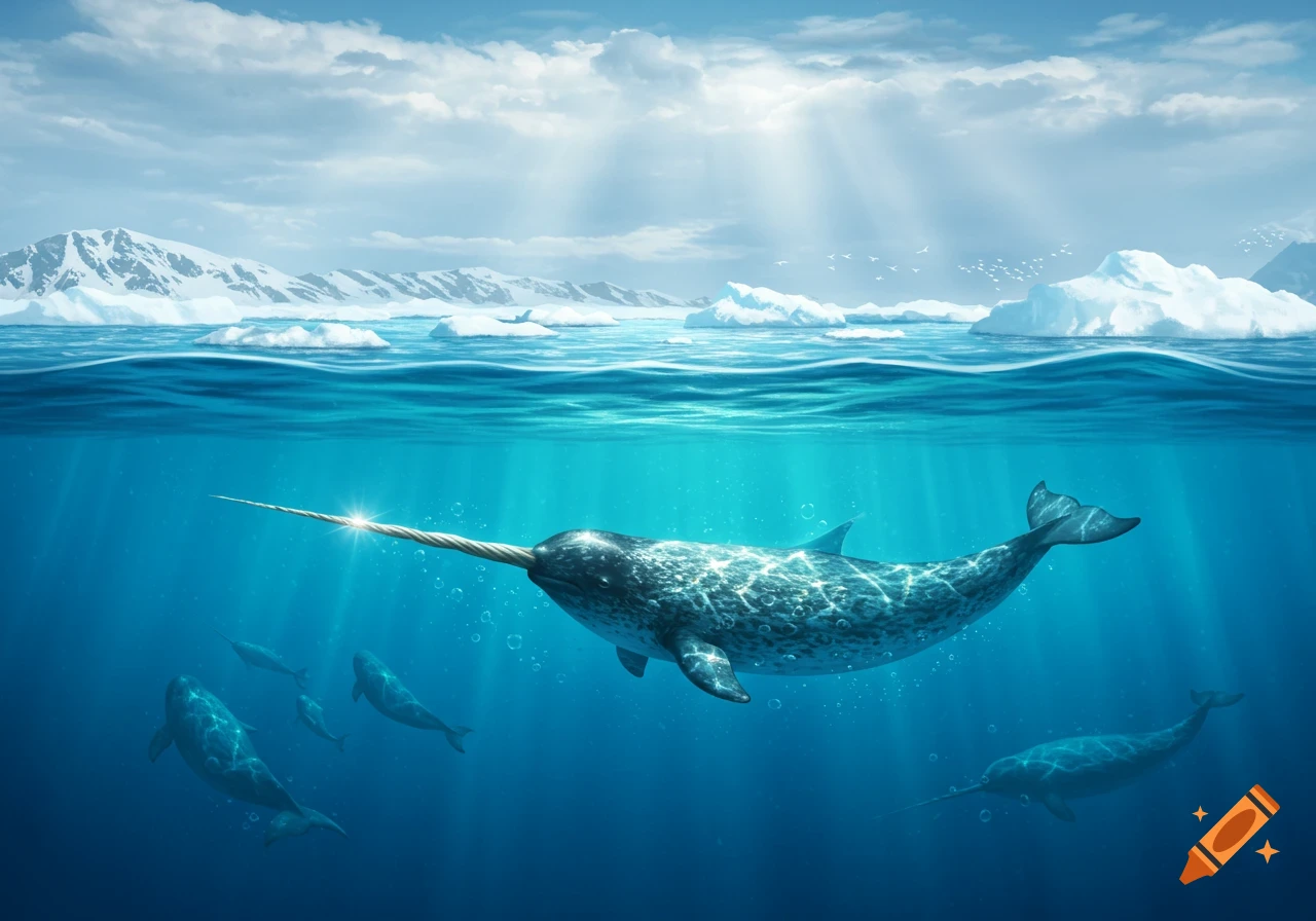 Photorealistic image of a narwhal with a glowing tusk swimming in a vibrant blue arctic ocean, surrounded by smaller narwhals and icebergs on the surface.