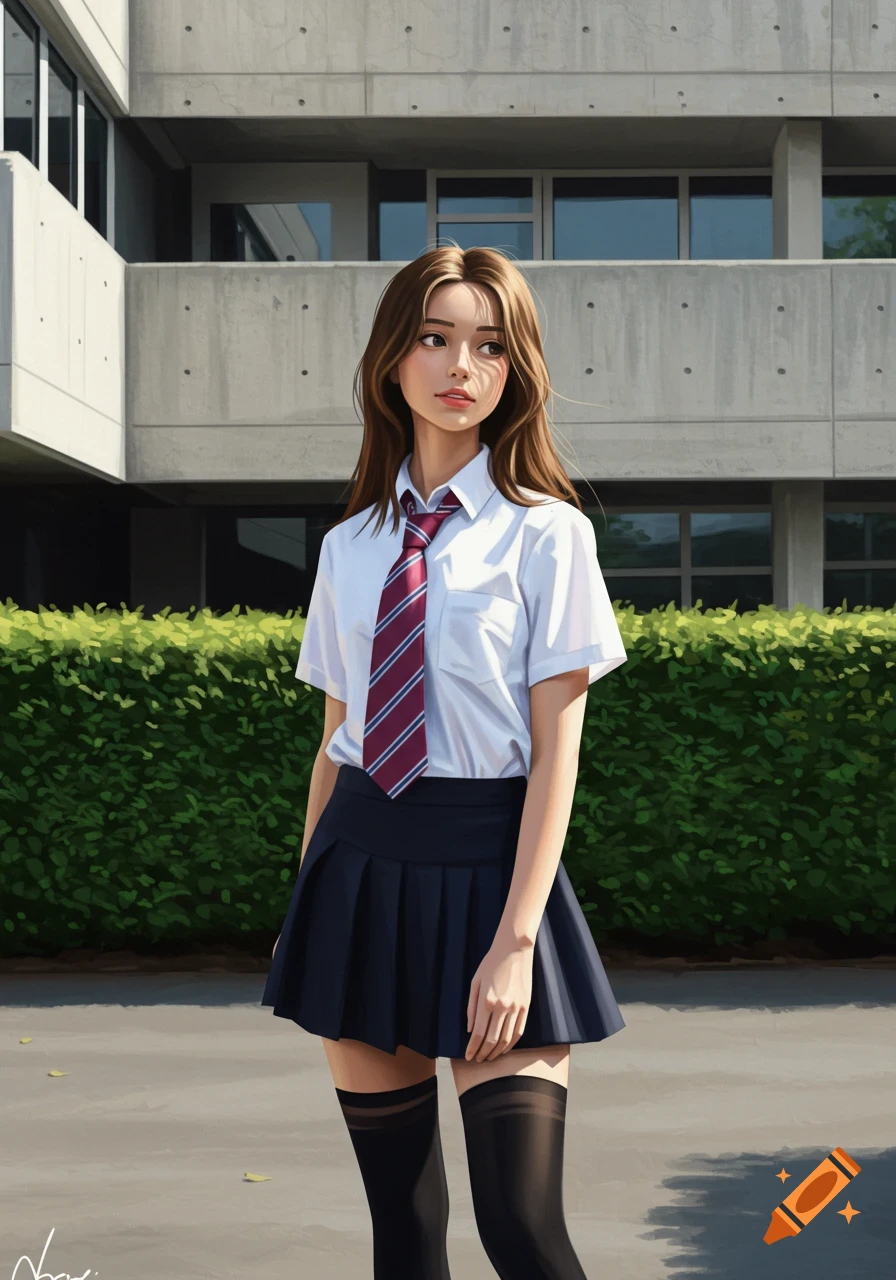 A young woman in a British school uniform, including a white shirt, striped tie, short black skirt, and black tights, stands outside a concrete building in digital art style.