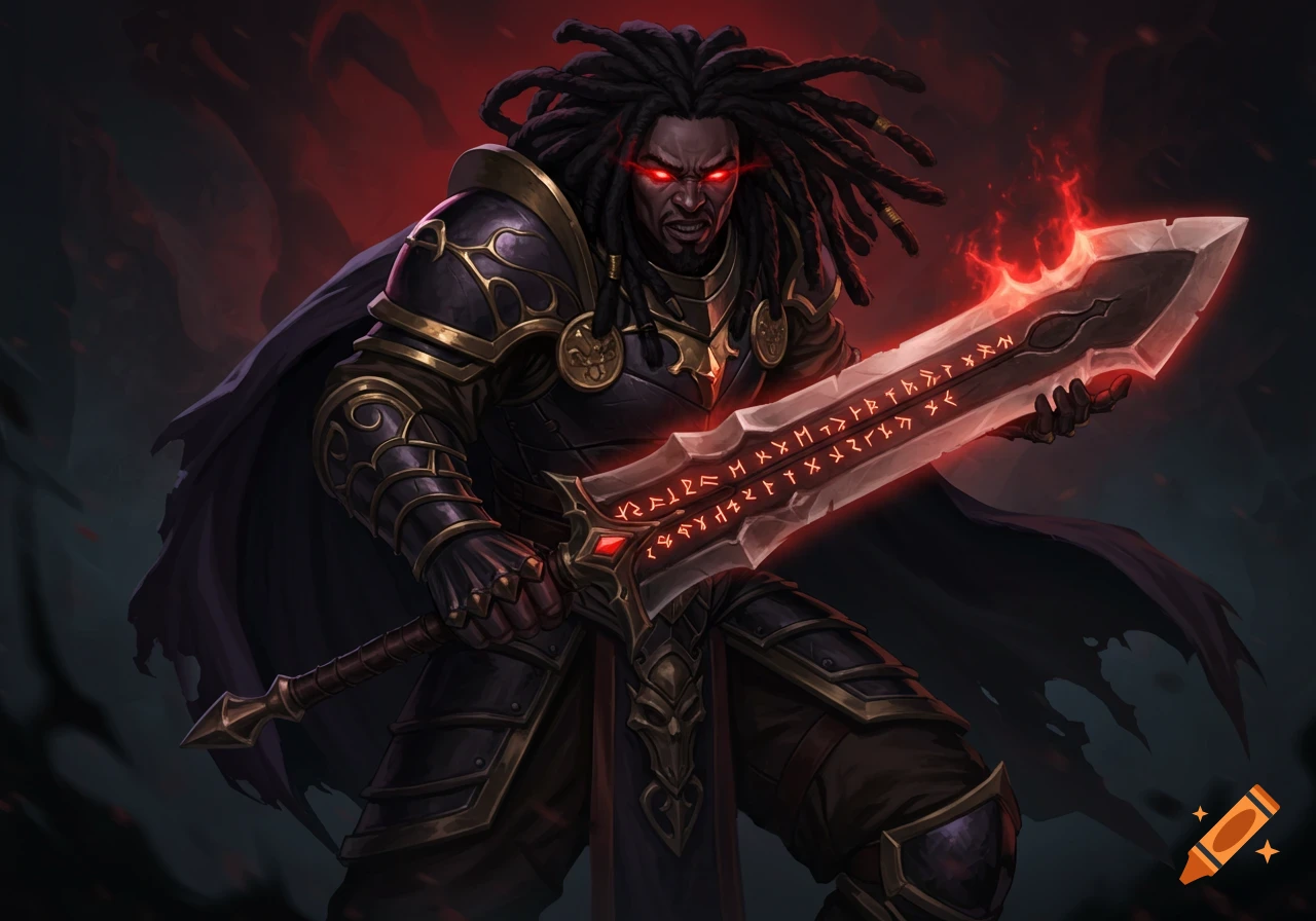 A dark-skinned fantasy warrior with dreadlocks and glowing red eyes holds a large glowing runic sword.