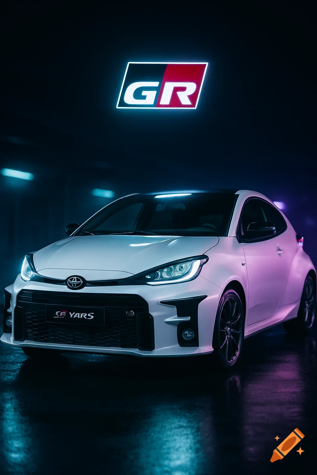 A white Toyota GR Yaris sports car with a black roof is parked in a dark garage, illuminated by neon blue and pink lights. A large glowing GR logo is above the car.