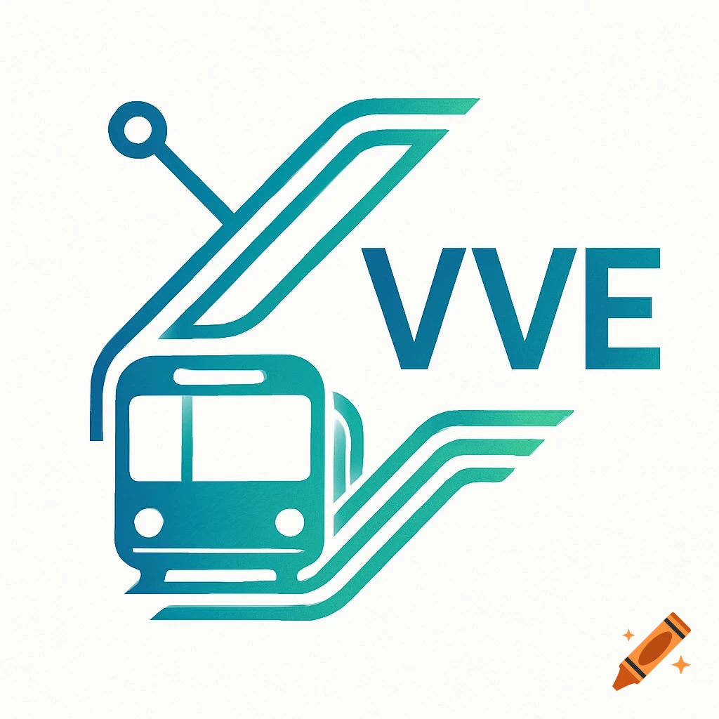 Modern logo with stylized metro lines, a bus icon, and 'VVE' in blue-green gradient.