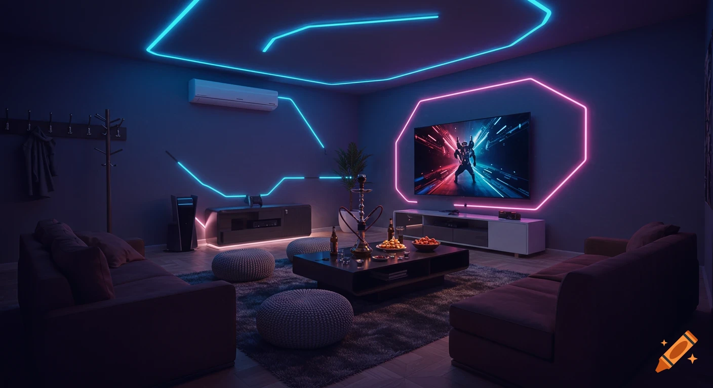 A modern cyber-lounge living room with blue and pink neon lights, a large TV displaying a video game, a hookah, and beanbag poufs.