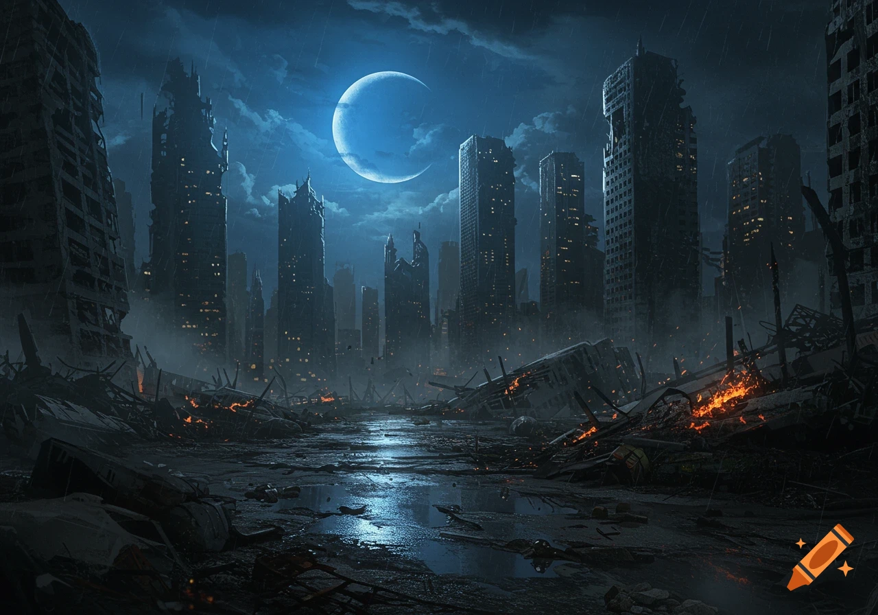 A destroyed city at night under a bright crescent moon, with ruins, fires, and reflective puddles on the ground.