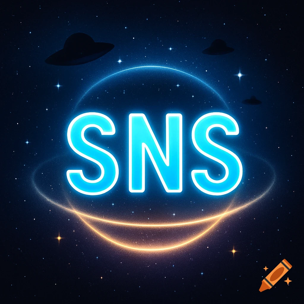 Neon blue 'SNS' text centered in a starry space scene with glowing rings and UFO silhouettes.