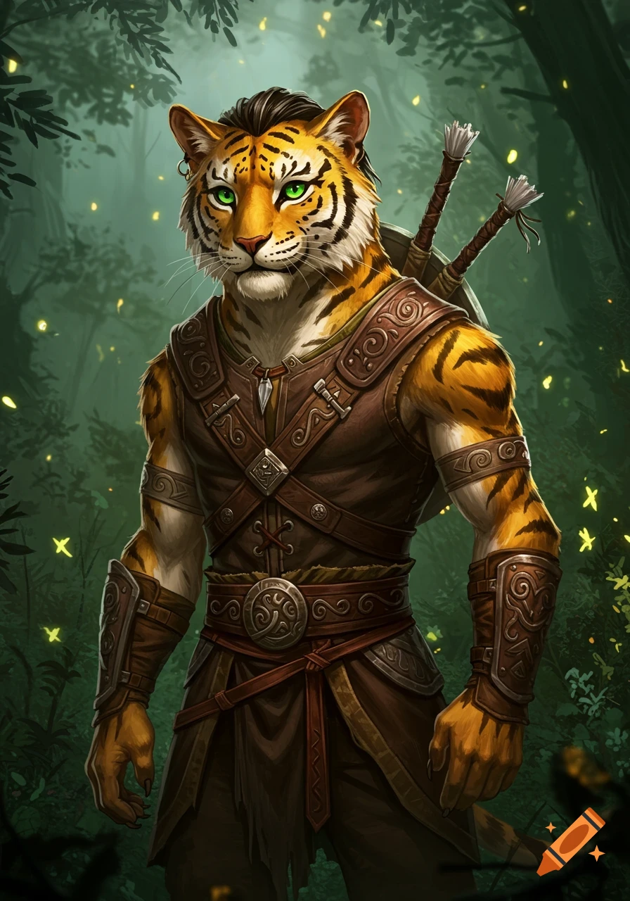 A stylized, detailed portrait of an anthropomorphic tiger warrior with striking green eyes, wearing leather armor and carrying swords on their back, standing in a lush, misty forest with glowing fireflies.