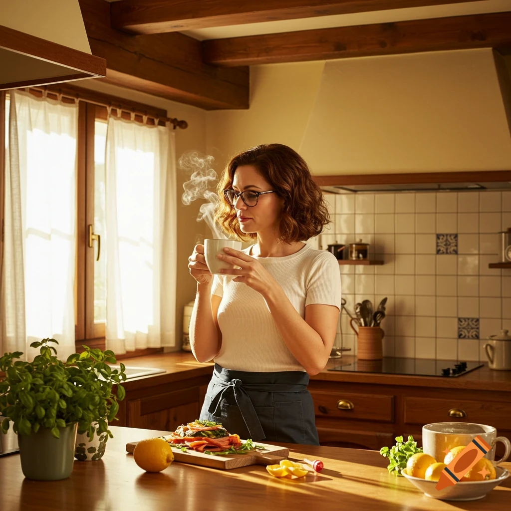 A woman with short brown hair and glasses sips coffee in a warm, sunlit kitchen, with food preparations on the counter.