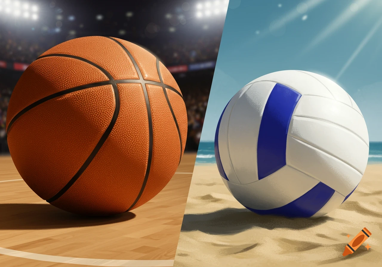 A split image features a basketball on a wooden court under lights on the left, and a volleyball on a sandy beach with an ocean background on the right.