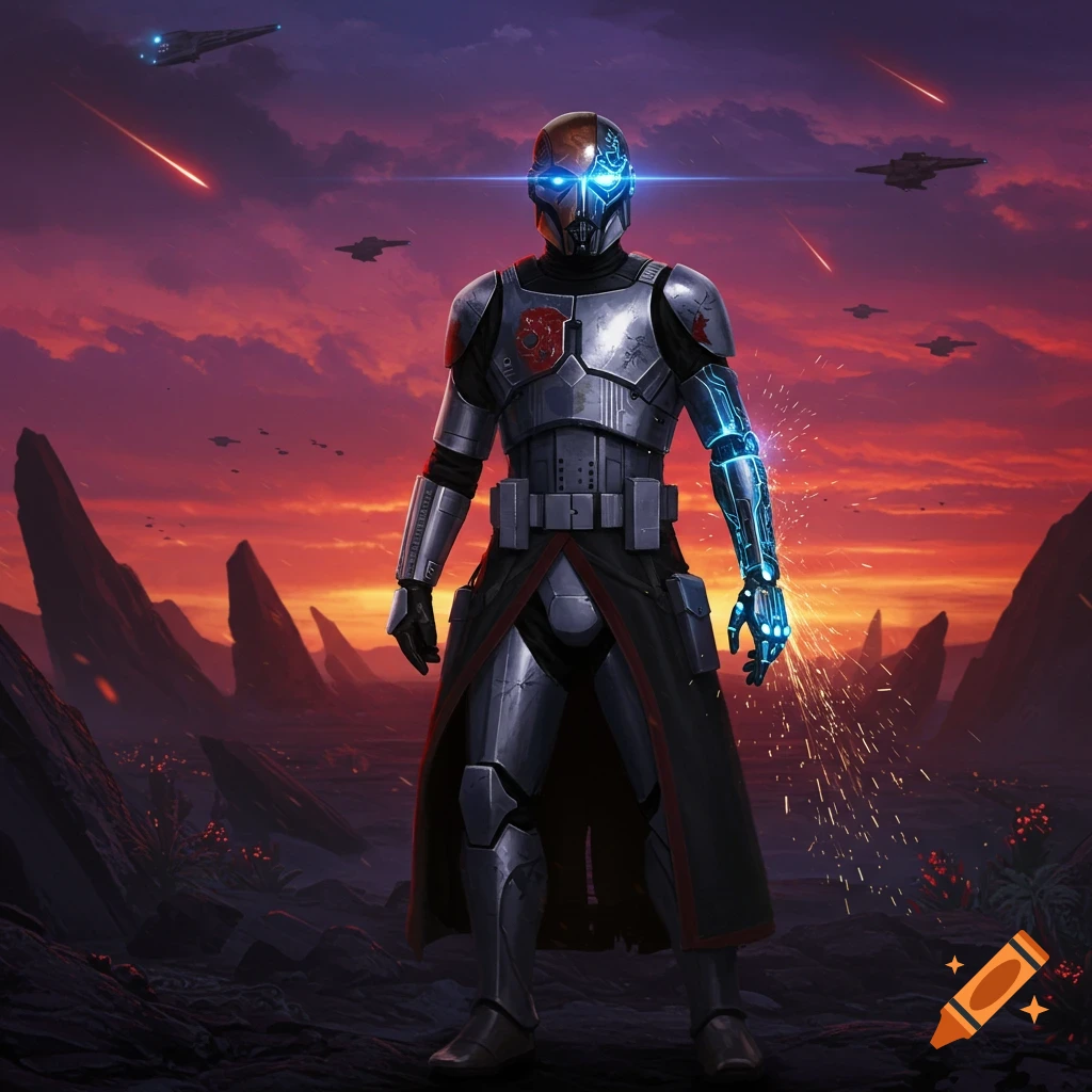 A futuristic cyborg soldier in reflective armor and a cape stands on a rocky alien planet under a sunset sky with spaceships.