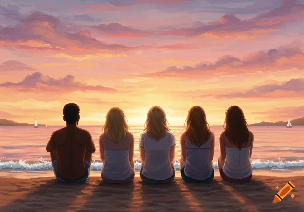 Five animated people sit on a beach, backs to the viewer, watching a vibrant orange and pink sunset over the ocean.