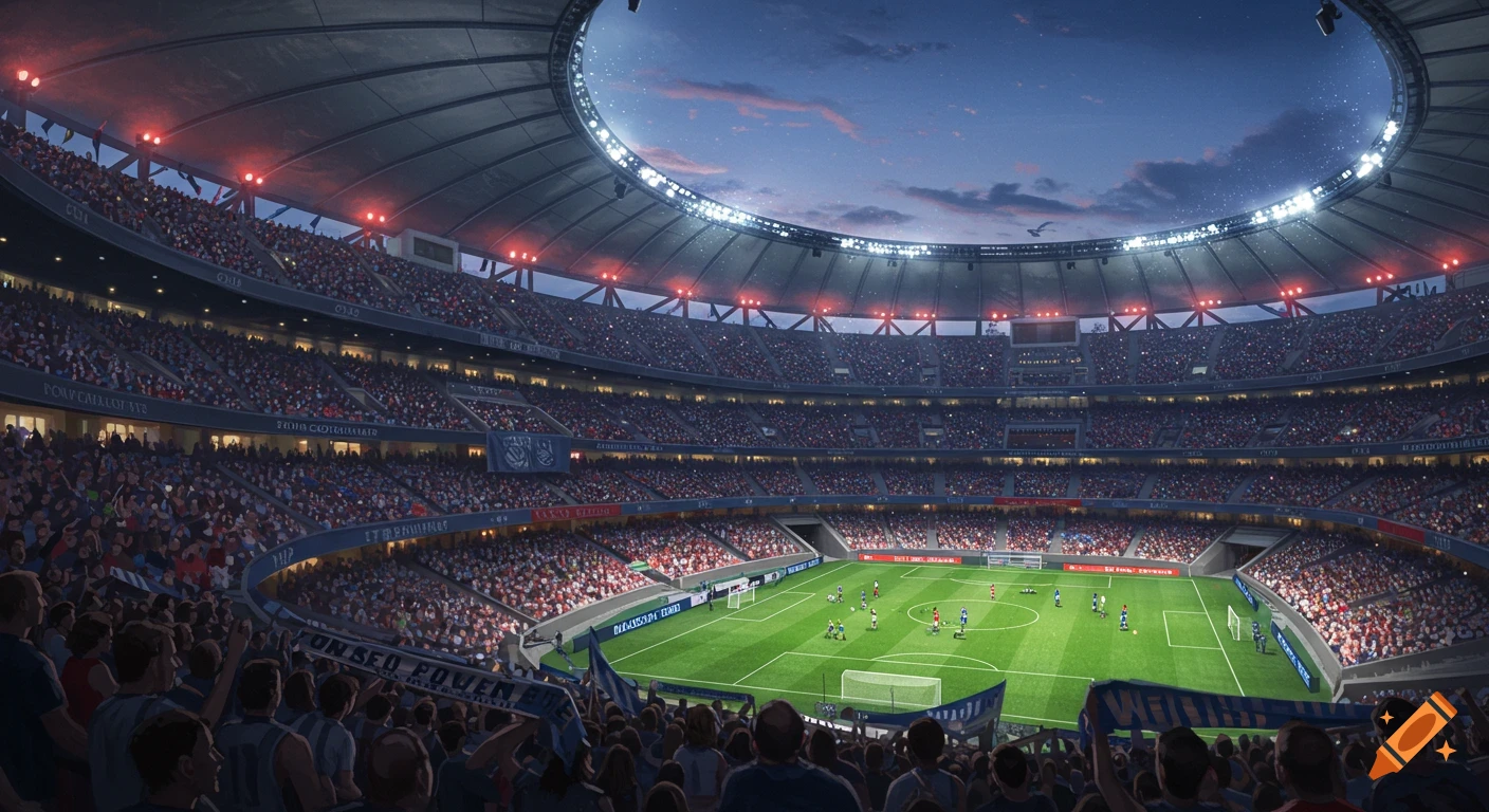 A wide shot of a crowded football stadium during an evening match, with the field brightly lit and a twilight sky visible above.