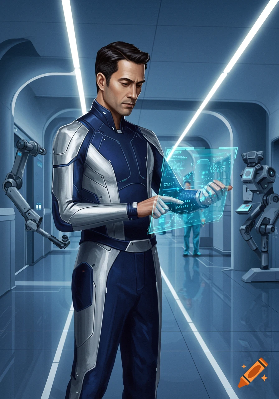 A man in a blue and silver futuristic suit in a modern corridor, interacting with a translucent holographic display.