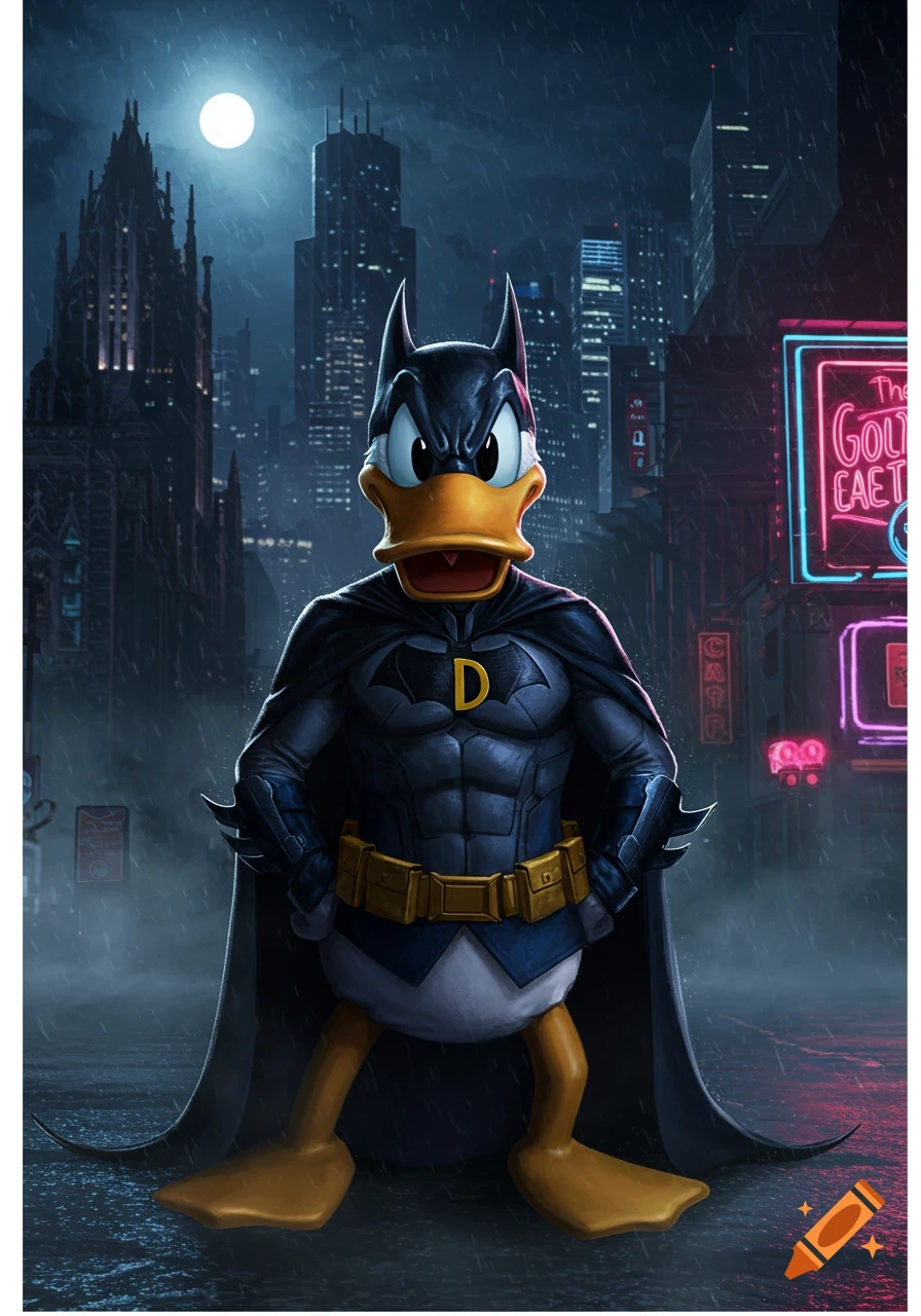 Donald Duck dressed as Batman stands in a rainy, neon-lit city street under a full moon, with a "D" on his chest.