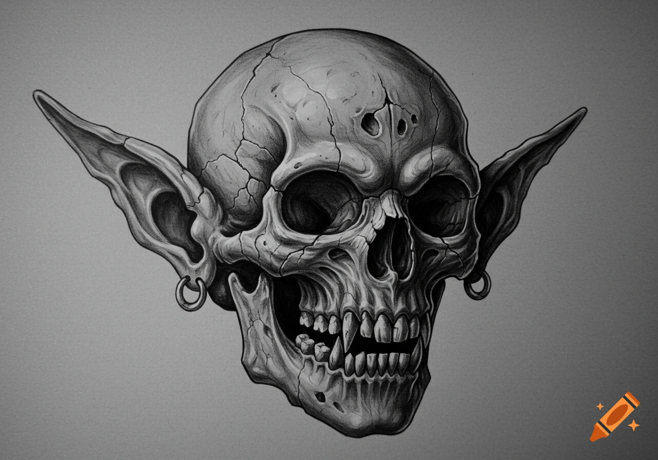 Grayscale pencil drawing of a cracked goblin skull with long pointy ears, gnarly teeth, and ear piercings.