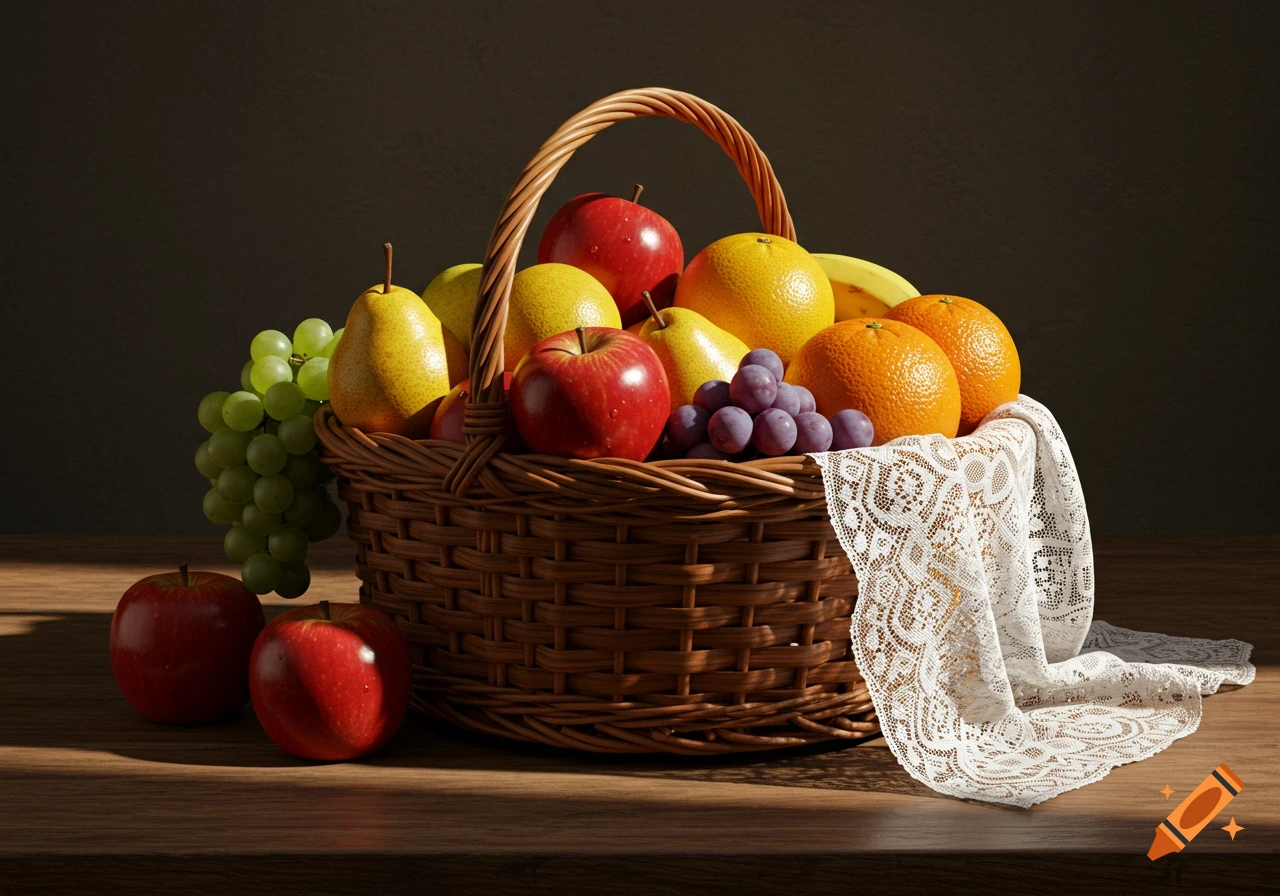 Photorealistic still life of a woven basket filled with assorted fruits like apples, pears, oranges, and grapes, on a wooden table with lace.