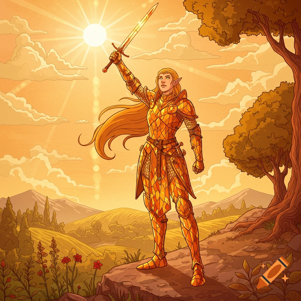 A whimsical storybook illustration of a High Elf warrior in amber armor holding a sword towards the setting sun in a golden field.