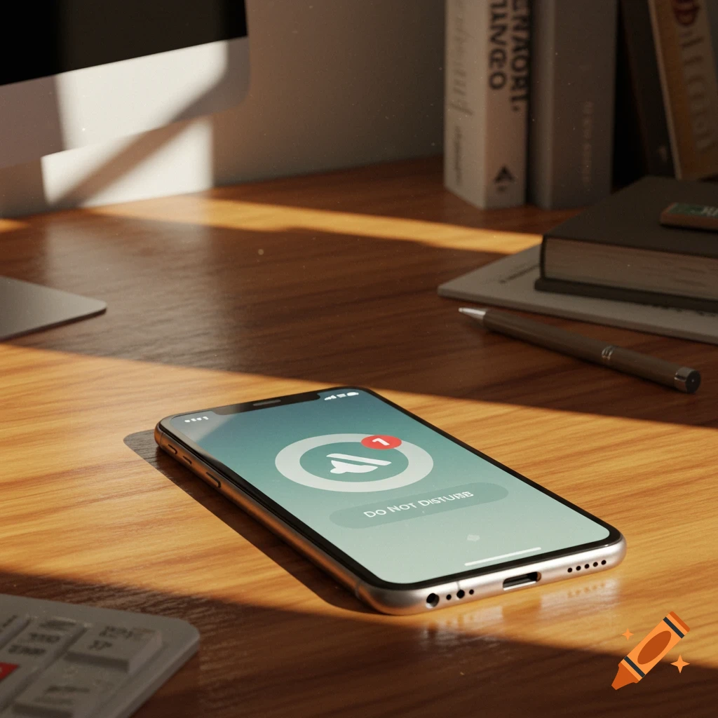 A smartphone on a wooden desk with "Do Not Disturb" on its screen, alongside books and a pen. Sunlight casts shadows on the desk.