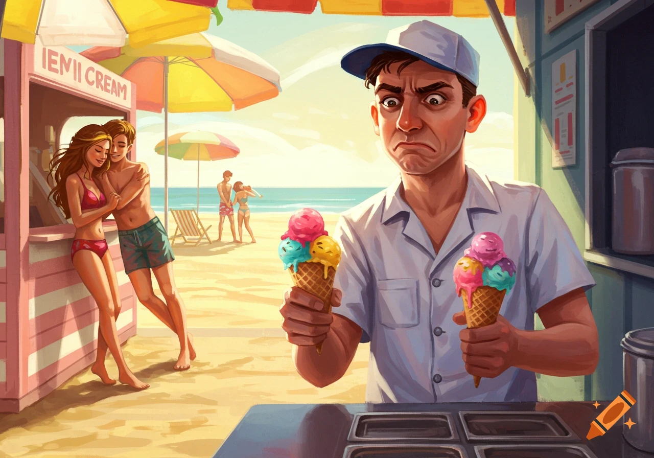 An ice cream vendor frowns while holding two cones, looking at a couple embracing by an ice cream stand on a sunny beach, with another couple in the background.