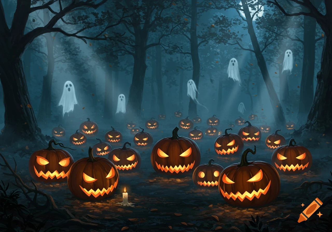 Many glowing jack-o'-lanterns and floating ghosts in a misty, dark forest at night, creating a spooky Halloween atmosphere.
