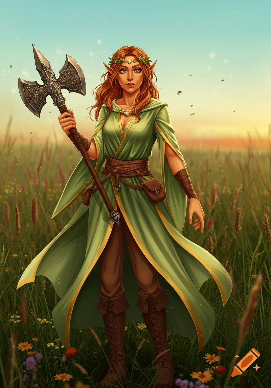 A female elf with strawberry blonde hair and green robes stands in a sunlit field, holding a large axe. Digital art.