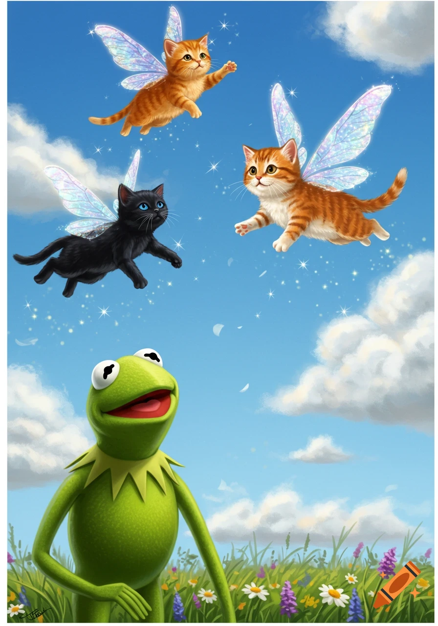 Kermit the Frog stands in a grassy field, looking up at three flying kittens with sparkling fairy wings in a blue sky with clouds.