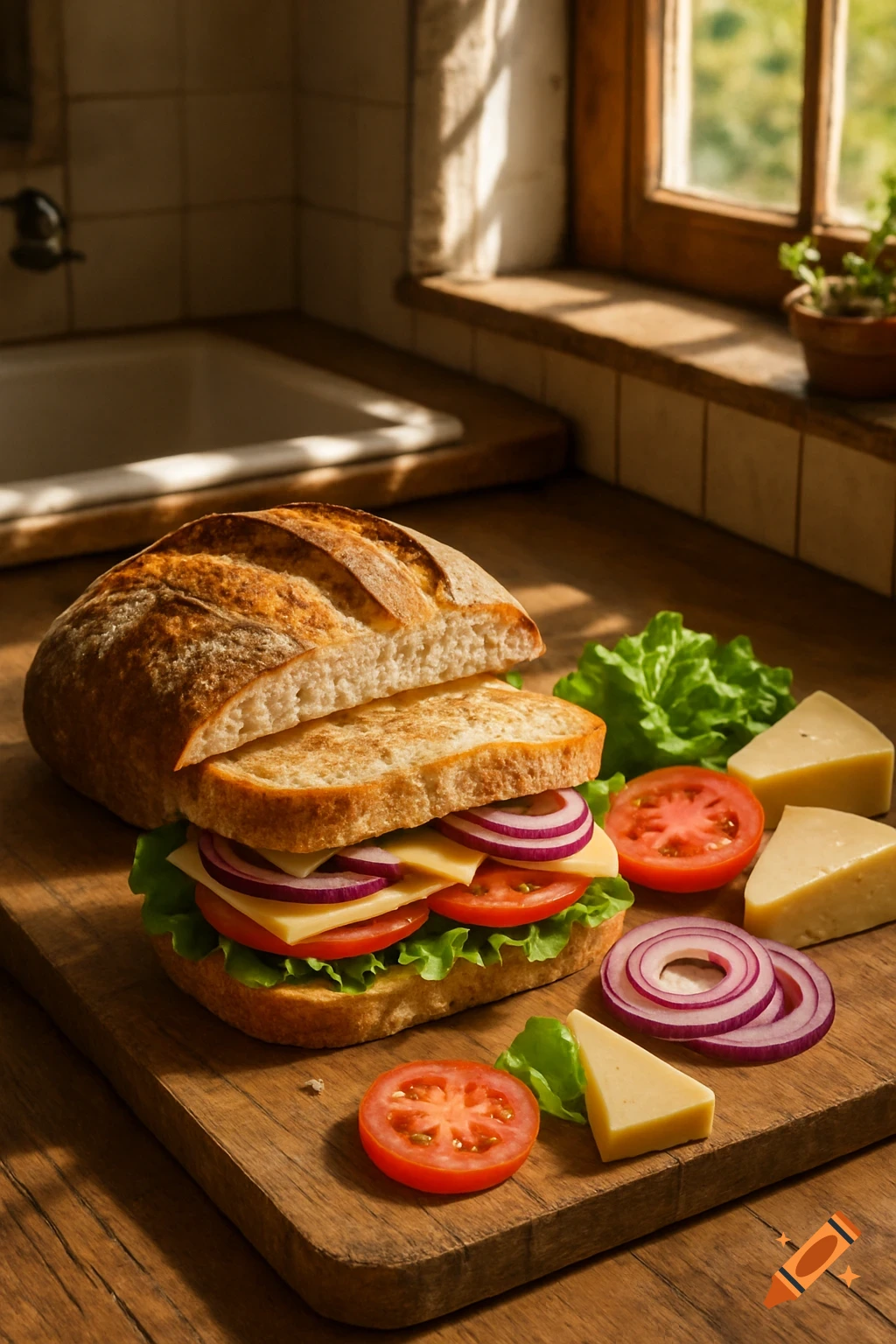 A freshly made sandwich with lettuce, tomatoes, cheese, and red onion on a wooden cutting board in a sunlit kitchen.