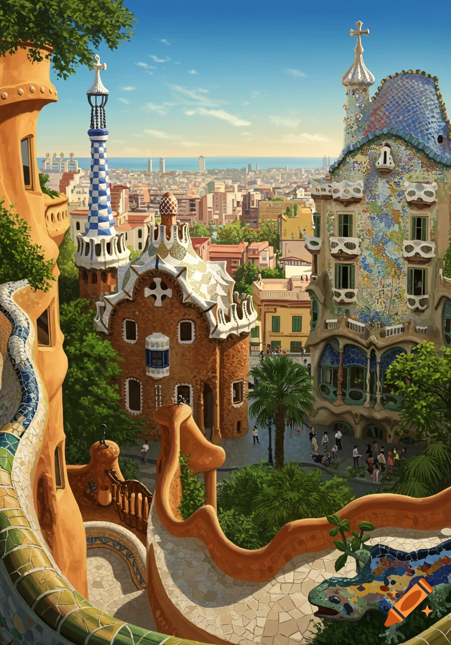 Colorful illustration of Gaudi-inspired architecture and mosaic sculptures in a Barcelona park, overlooking the city and sea.