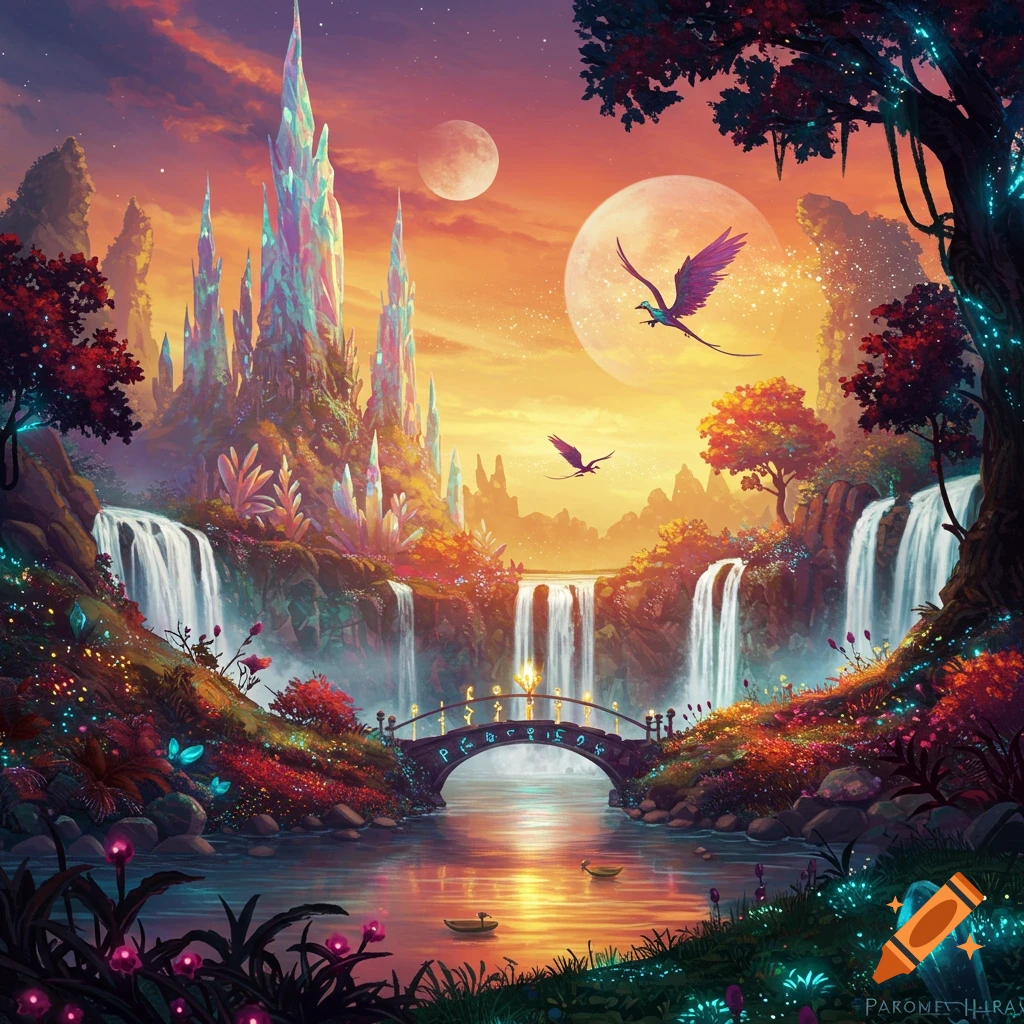 Vibrant fantasy landscape with a shimmering crystal castle, waterfalls, glowing bridge, two moons, and flying birds at sunset.