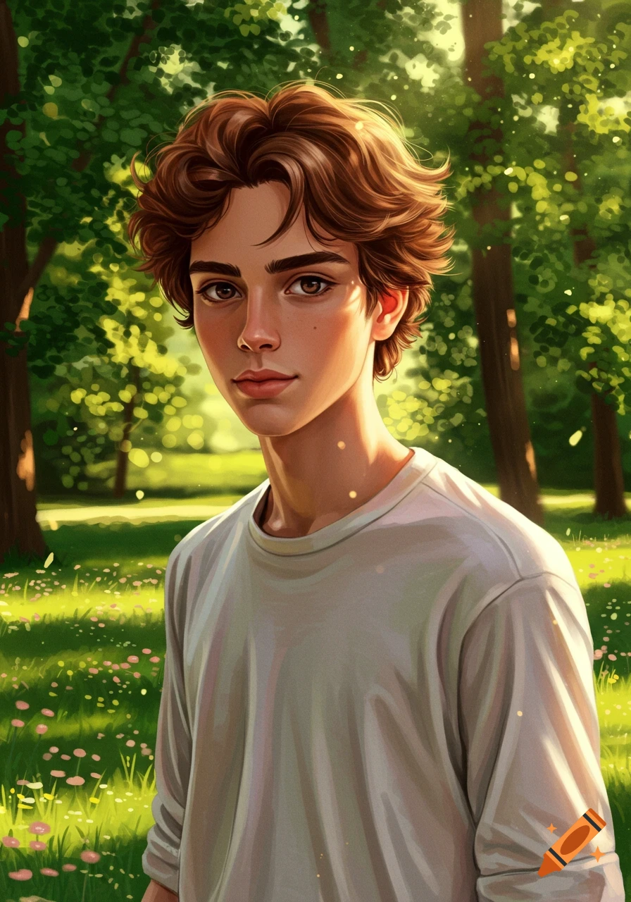 An artistic illustration of a handsome young man with brown wavy hair and eyes, wearing a white t-shirt, standing in a sunlit park with green trees and small flowers.
