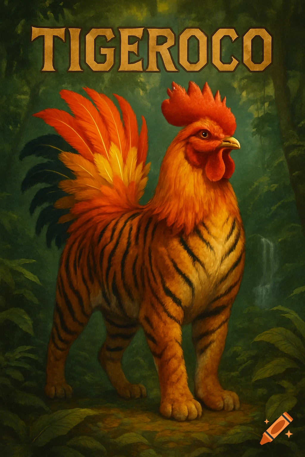 A majestic tiger-striped rooster with vibrant orange and black feathers stands in a lush jungle. Text at top reads 'TIGEROCO'.