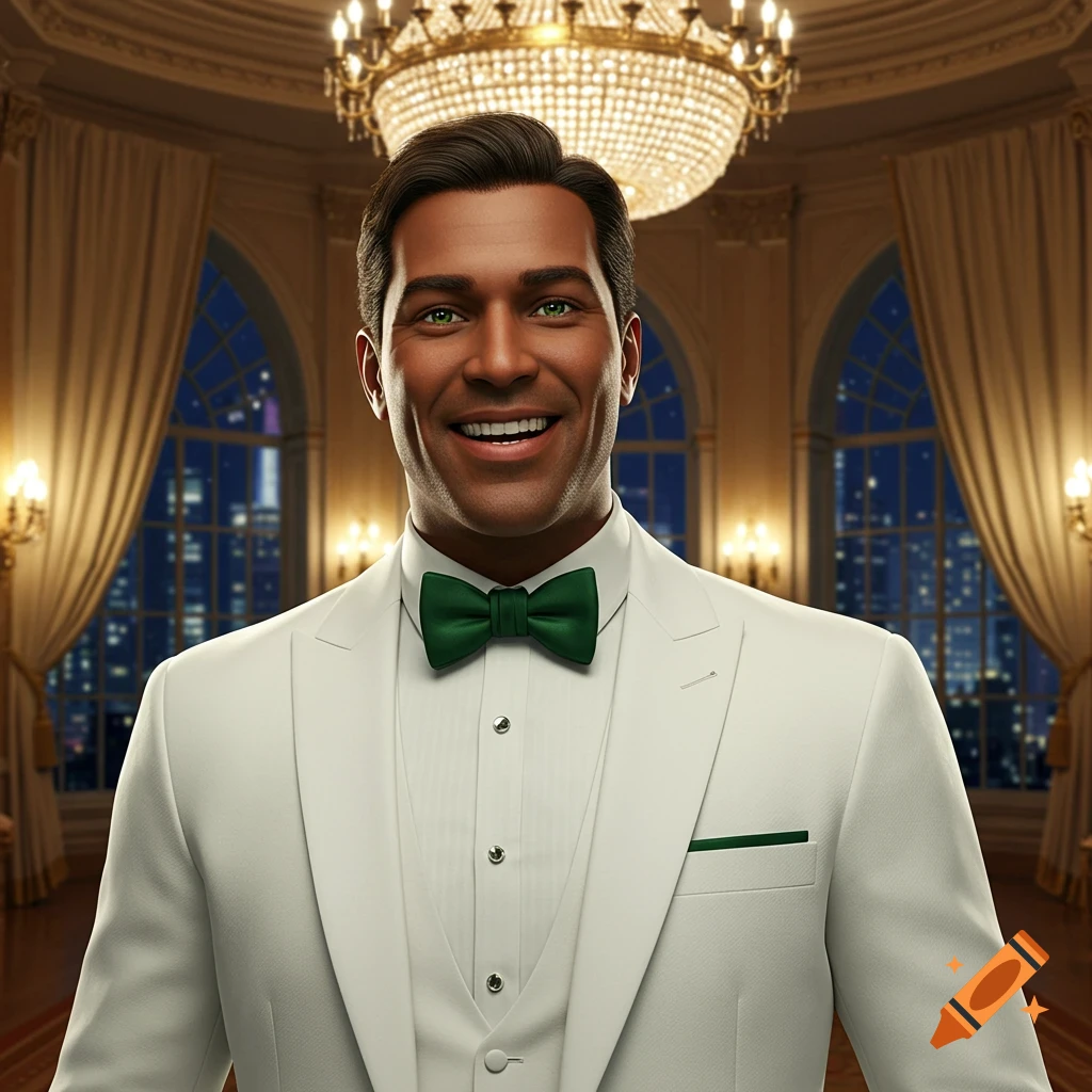 A smiling man with dark skin and green eyes wears a white tuxedo and green bow tie in a luxurious room.