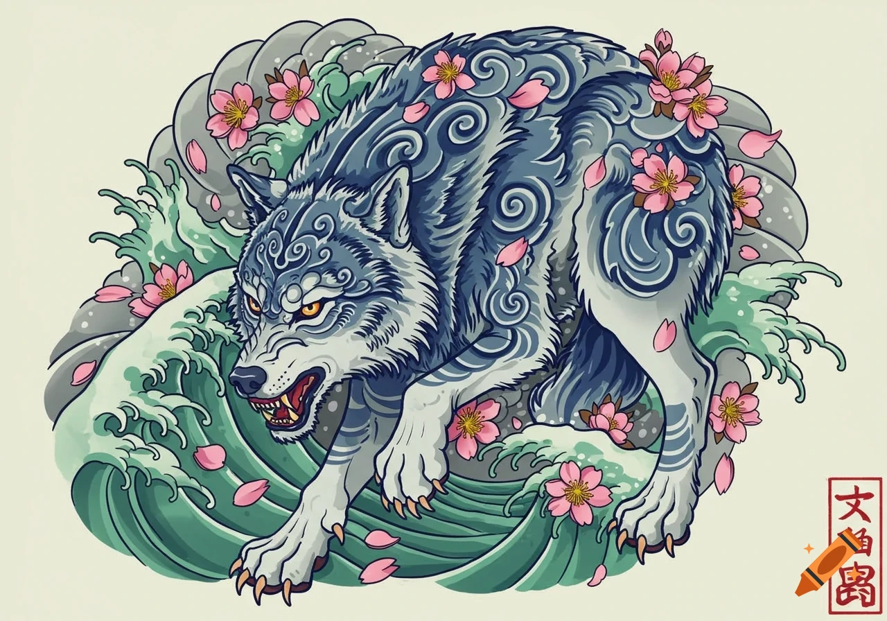 Stylized Japanese tattoo art of an aggressive gray wolf with intricate patterns, surrounded by green waves and pink cherry blossoms, on a light background.