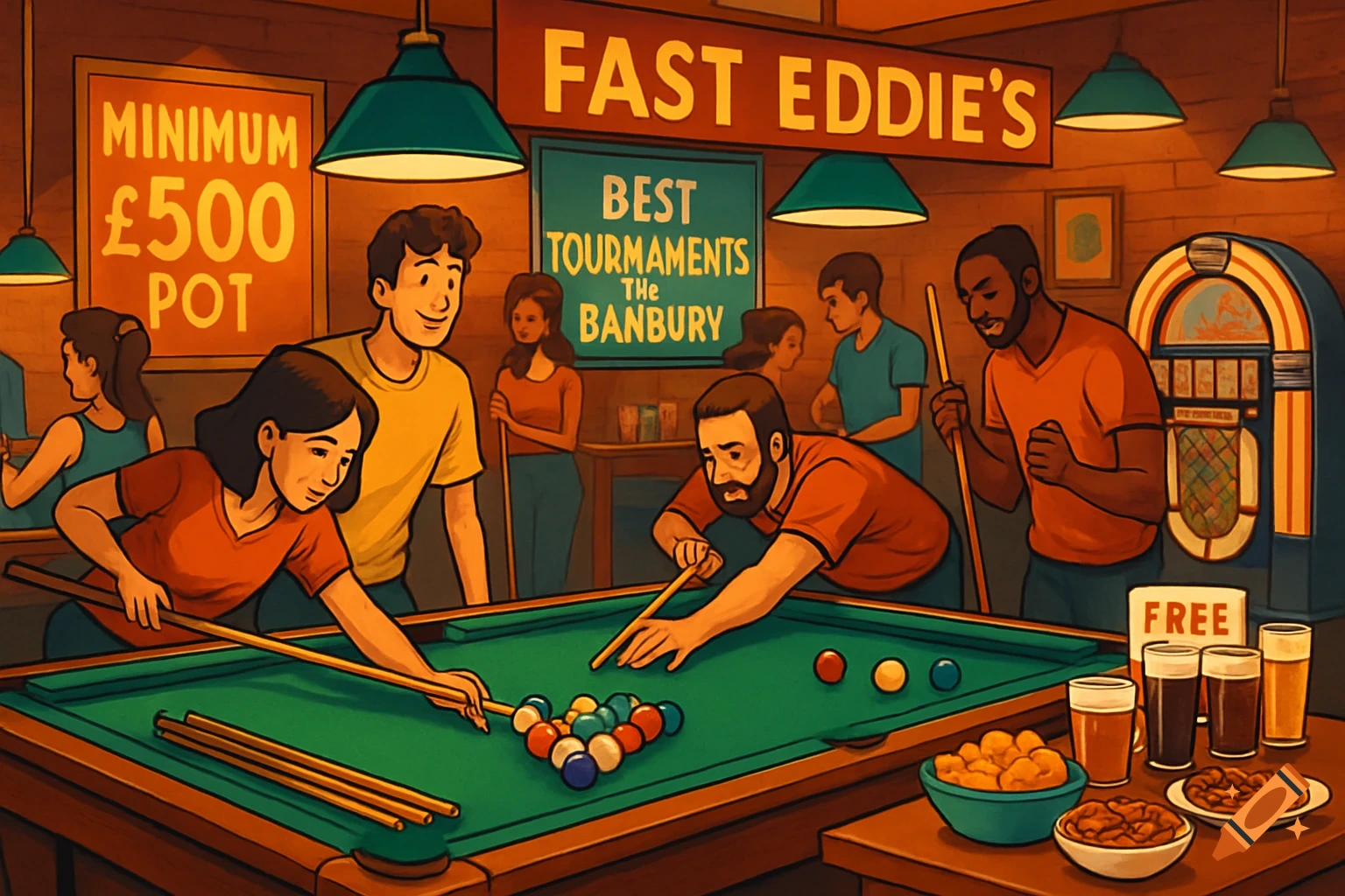 A cartoon illustration of diverse people playing pool at Fast Eddie's bar, with signs and a jukebox in the background, and snacks and drinks on a table.