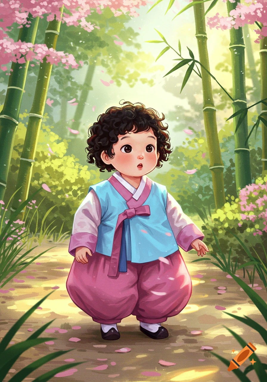 Cute cartoon Korean toddler in a blue and pink hanbok stands wide-eyed in a bamboo forest with pink cherry blossoms.