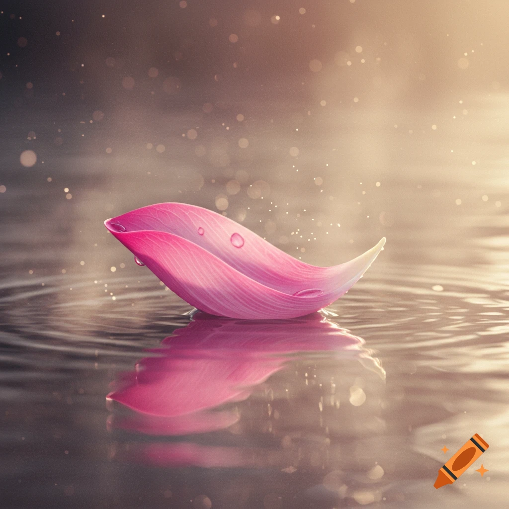 A vibrant pink lotus petal floats on calm water with glistening droplets, reflecting soft, bright light.