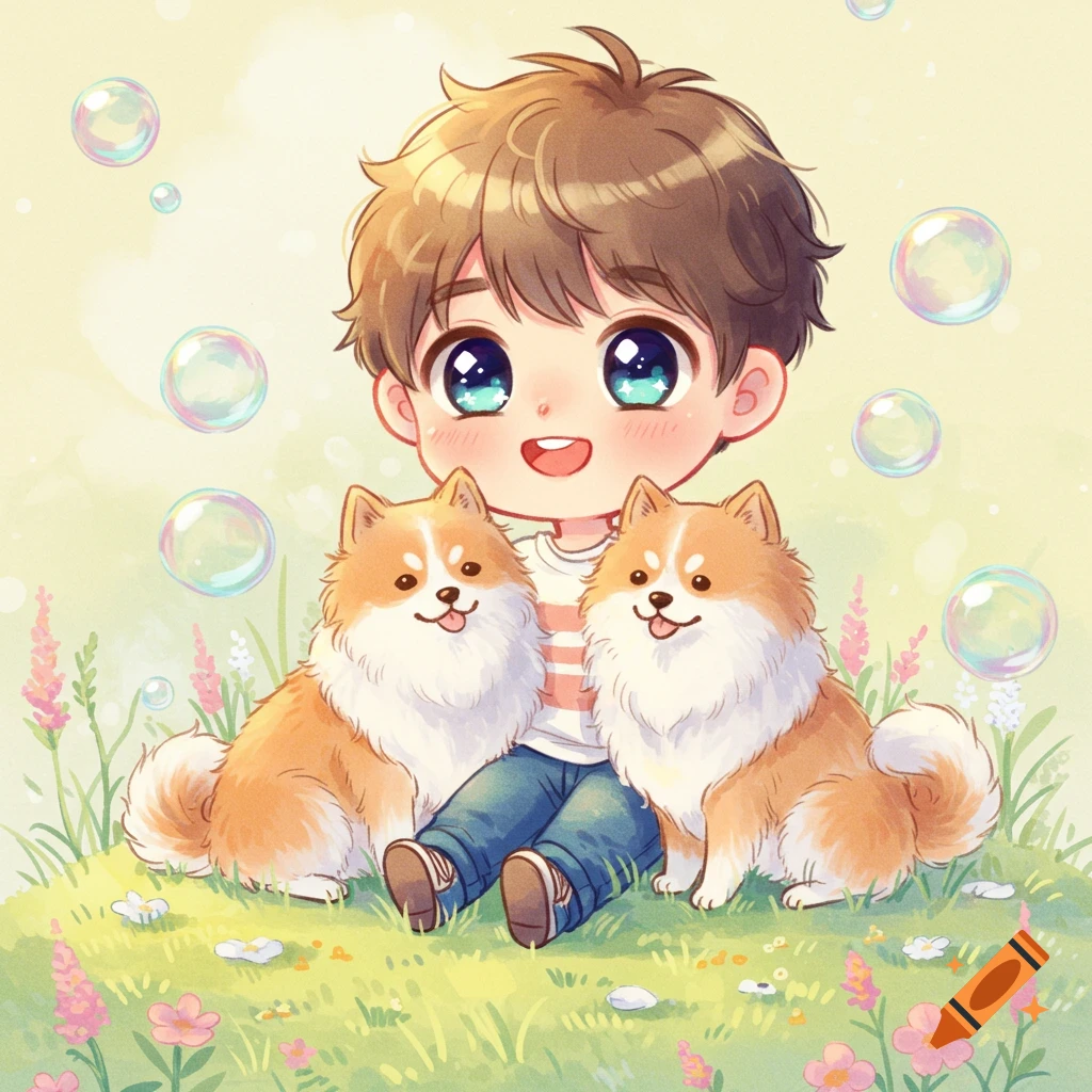 Chibi boy sitting with two fluffy spitz dogs in a grassy field with bubbles, in a cute cartoon style.