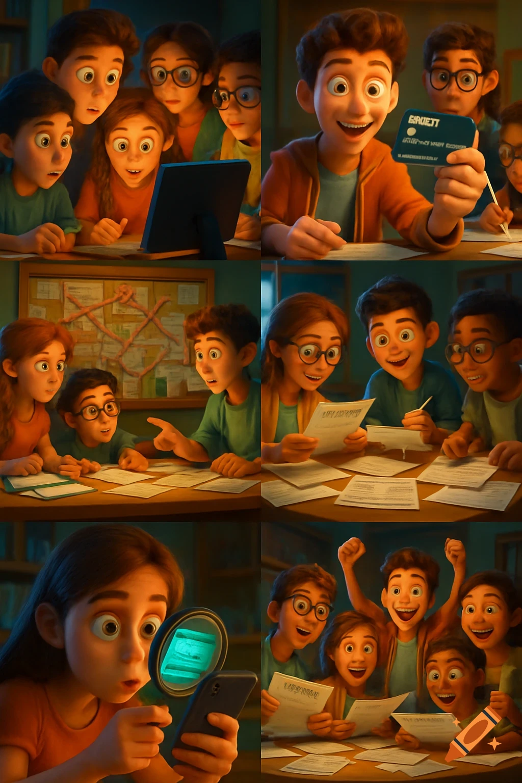 A Pixar-style collage shows students investigating a bank scam. Scenes include analyzing data, a student holding a card, reviewing documents, and celebrating their discovery.
