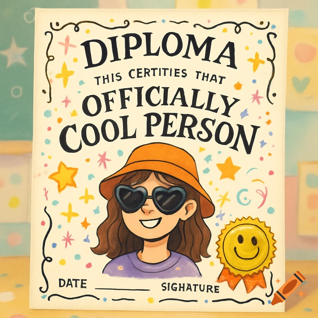 A whimsical illustrated diploma for an 'OFFICIALLY COOL PERSON' featuring a smiling cartoon girl in a bucket hat and heart sunglasses.