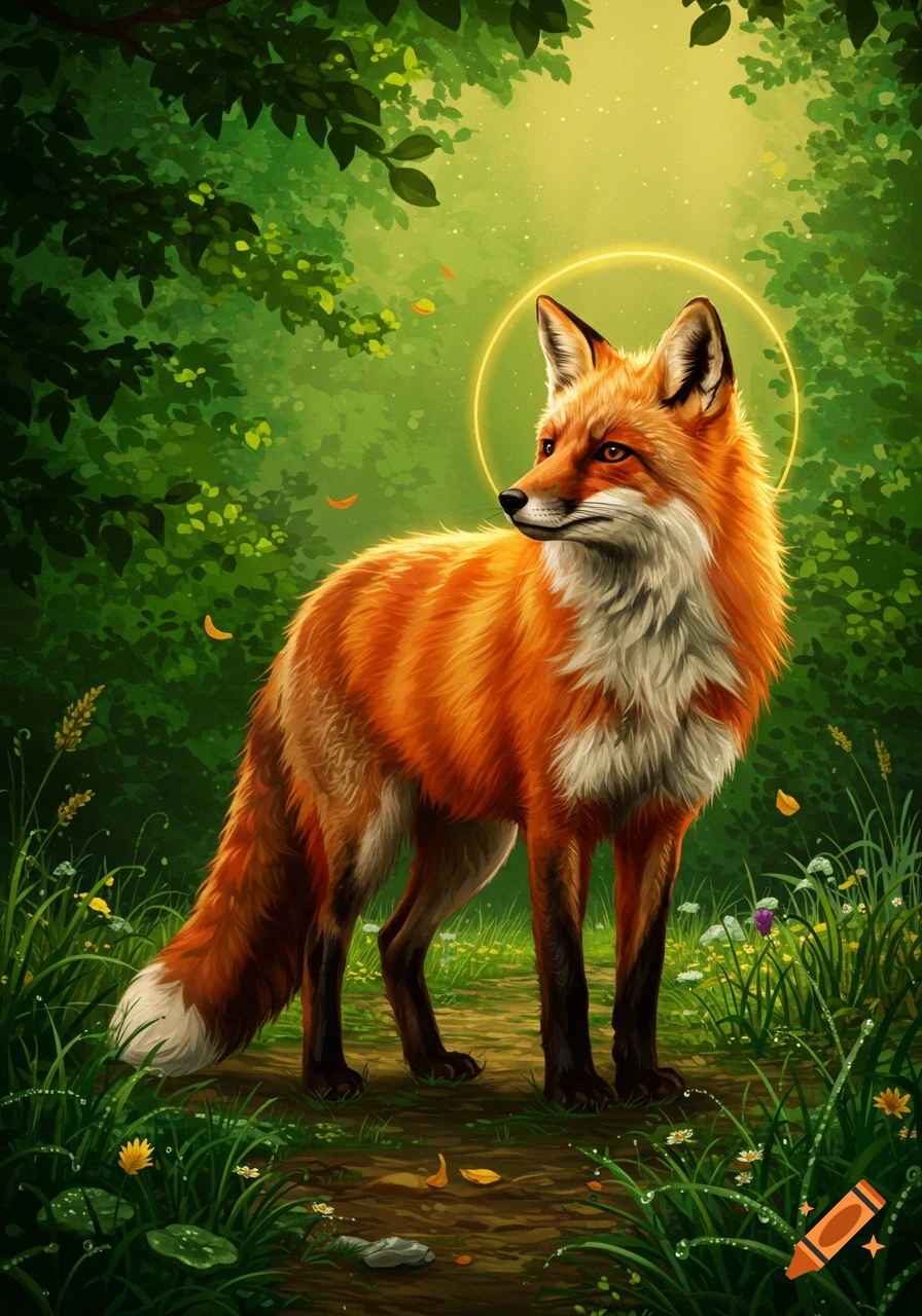 A stylized illustration of a red fox with a golden halo standing on a forest path, surrounded by lush green foliage and wildflowers.