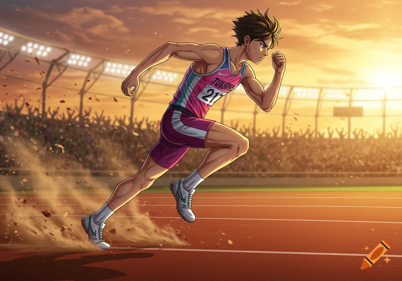 Anime style male athlete sprints on a track in a stadium at sunset.