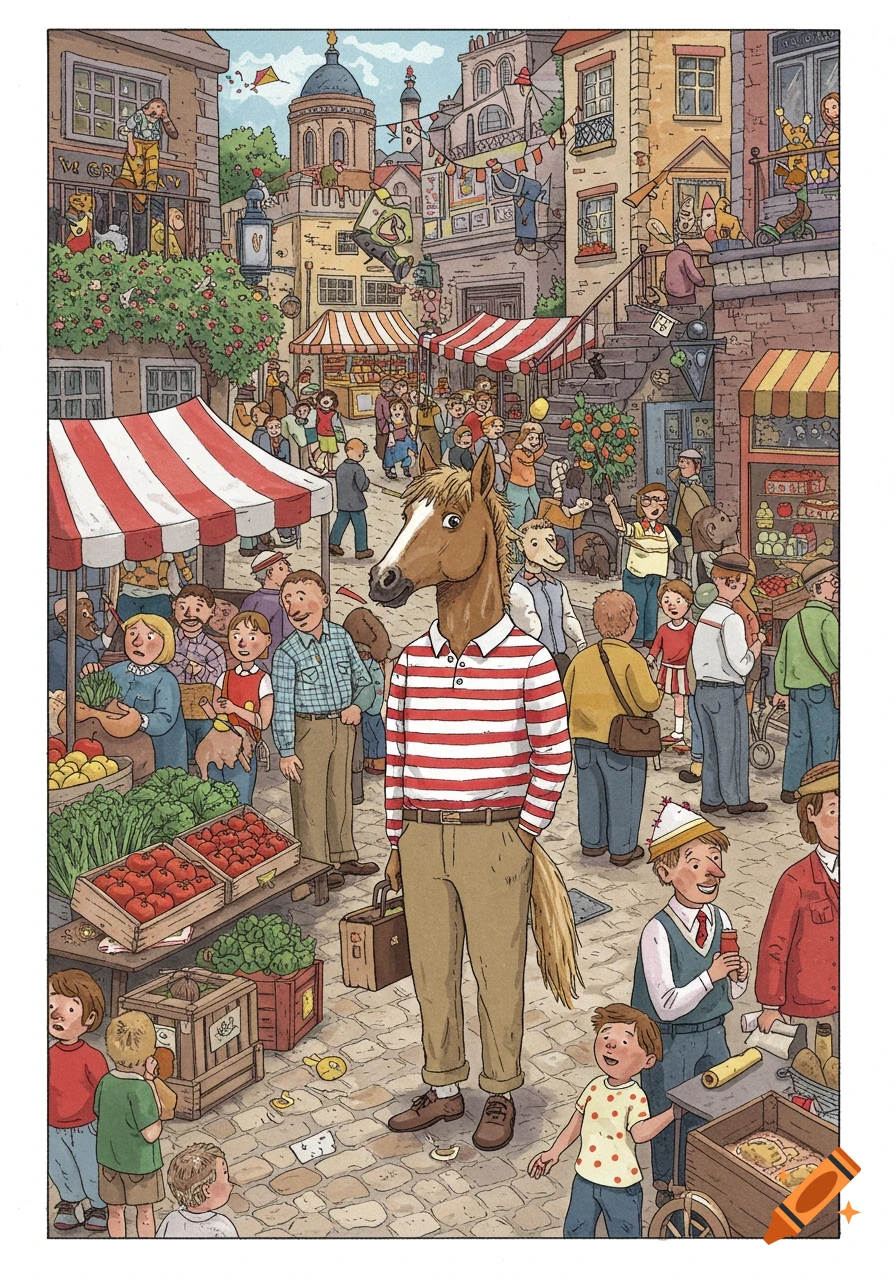 Crowded 'Where's Waldo' style cartoon of an anthropomorphic horse in a striped shirt in a bustling market street.