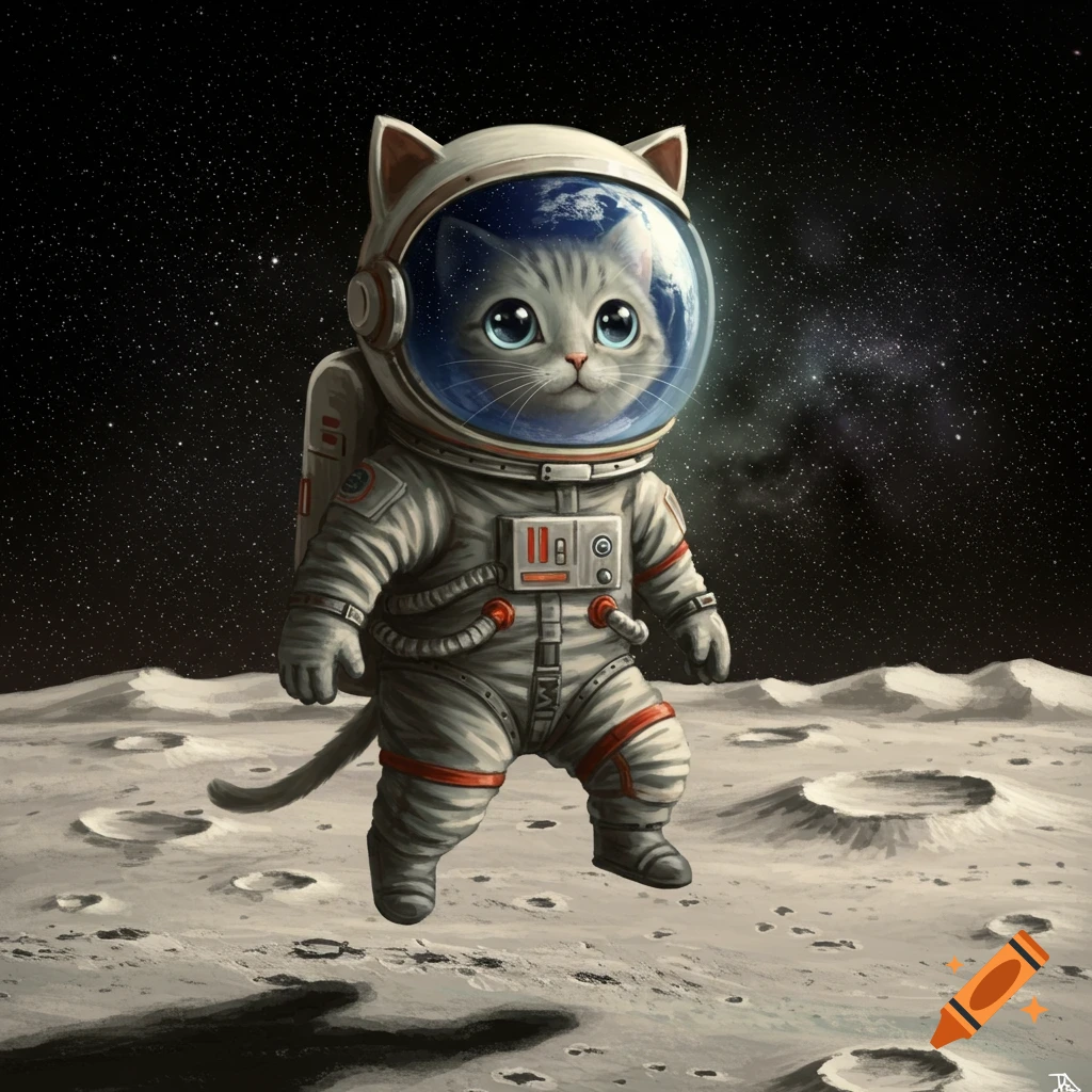 A cute gray cat in a detailed white astronaut suit stands on the moon, with a starry black space background.