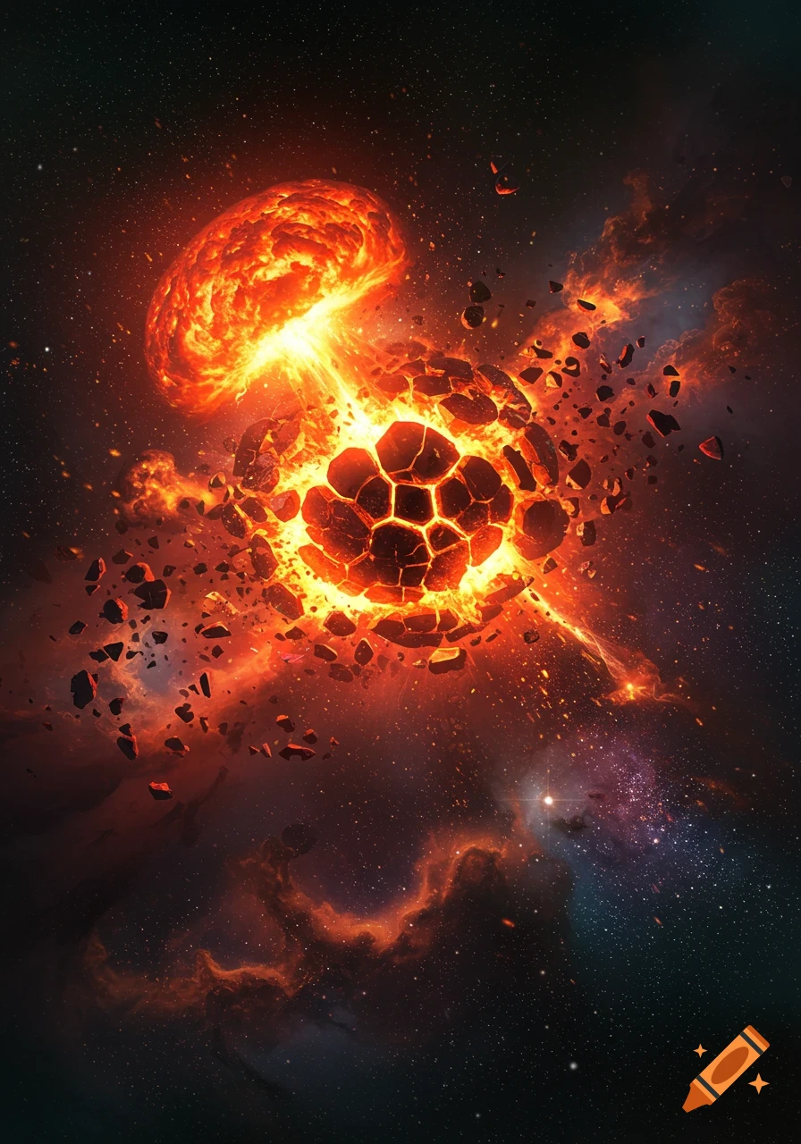 A vibrant planet explodes violently in deep space, casting bright orange and red fiery debris against a starry nebula background.