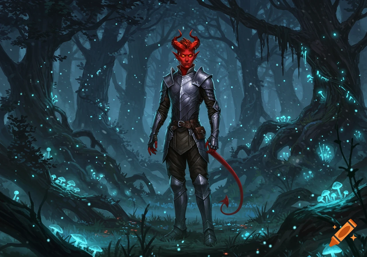 A red-skinned, horned tiefling warrior in ornate armor stands in a dark, magical forest with glowing blue mushrooms, fantasy art style.