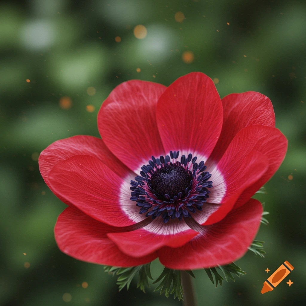 Close-up, photorealistic red anemone flower with a dark purple and white center against a blurred green background with light bokeh.